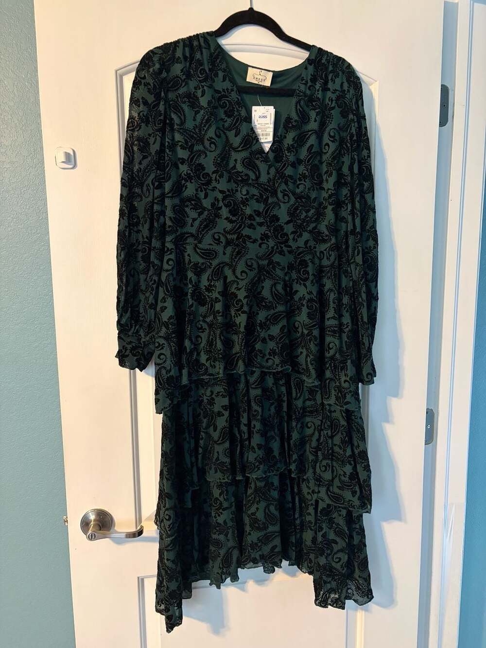 Ember Women's Green Black Velvet Paisley Long Sleeve Ruffle Midi Dress Size XL